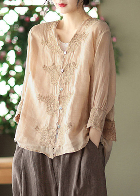 Khaki V Neck Embroidered Linen Shirt Long Sleeve