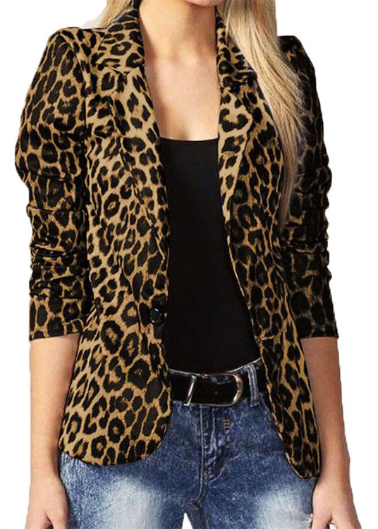 Brown Leopard Notched Cotton Suit Coat Fall