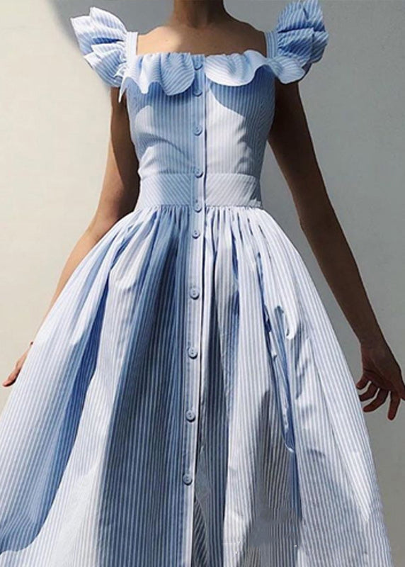 French Blue Striped Button Cotton Dresses Butterfly Sleeve