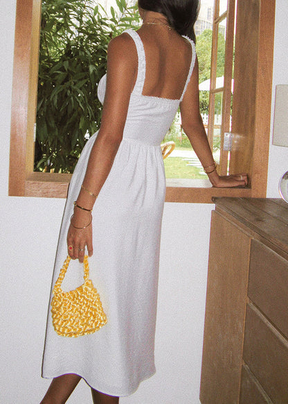 French White Square Collar Wrinkled Patchwork Cotton Spaghetti Strap Dress Summer