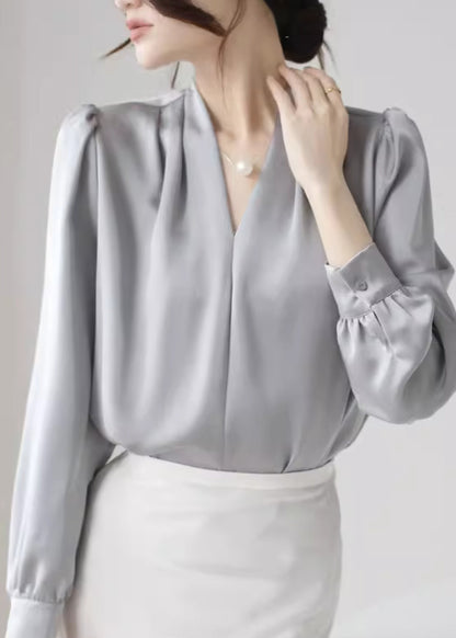 Simple Grey V Neck Button Silk Blouses Fall