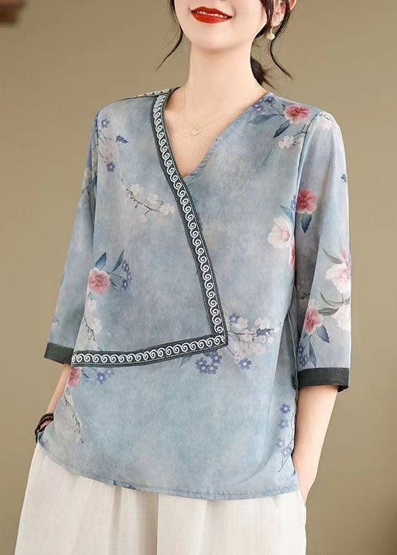 Blue V Neck Print Patchwork Cotton Tops Summer