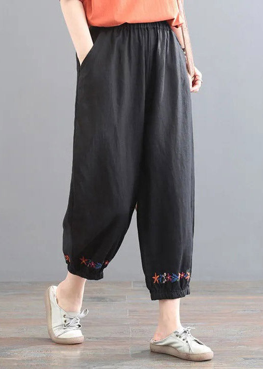 Black Embroidered Elastic Waist Harem Pants Summer