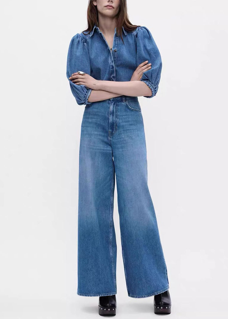 Denim Blue Button Shirts and Pants Two Pieces Set Half Sleeve