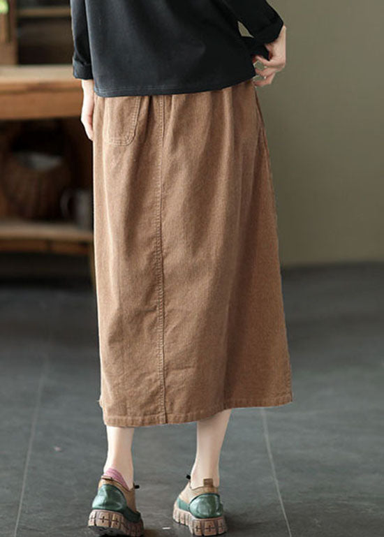 Khaki Elastic Waist Button Pockets Corduroy Skirts Spring