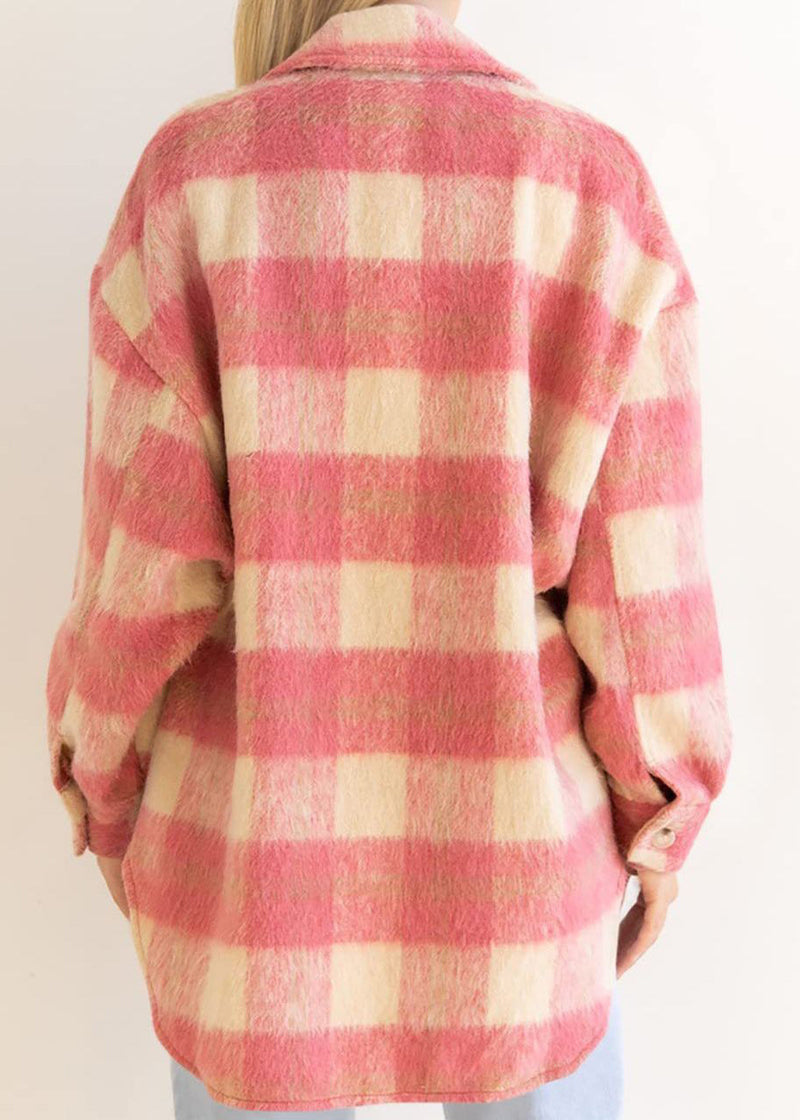 Pink Peter Pan Collar Pockets Plaid Woolen Coat Fall