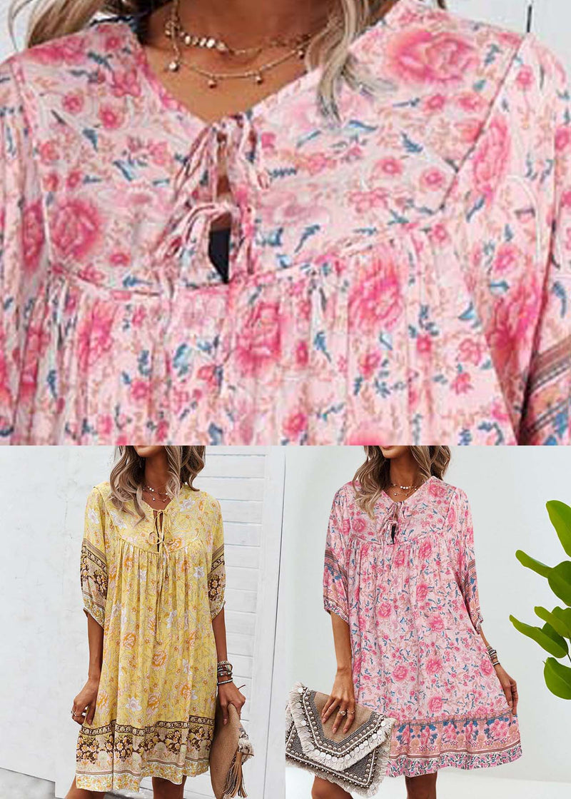 Yellow Print Tie Lace Beach Mid Dress Half Sleeve