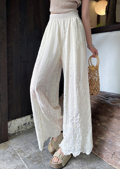 White Embroidered Hollow Out Cotton Pants Summer