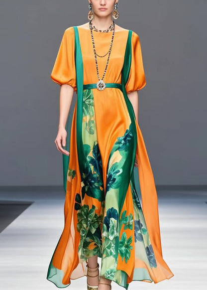 Orange Cinched Print Silk Ankle Dress Lantern Sleeve
