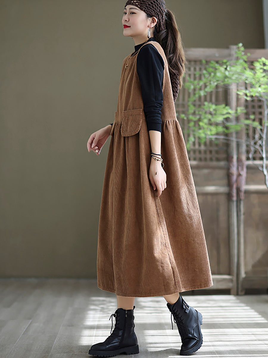 - Corduroy Pocket Sleeveless Pinafore Dress