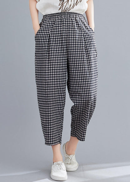High-waist Cotton Linen Checked Harem Pants