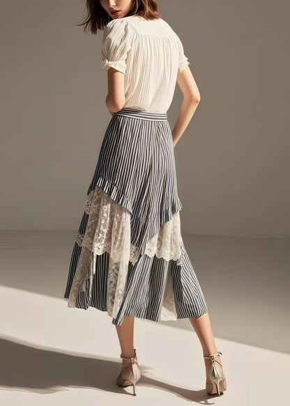 Blue Striped Asymmetrical Patchwork Lace Skirts Summer