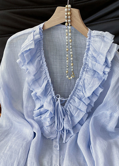 Blue Ruffled Lace Up Button Cotton Blouses Fall