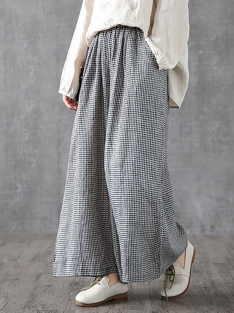 Hand-made Plaid Linen Wide Leg Pants