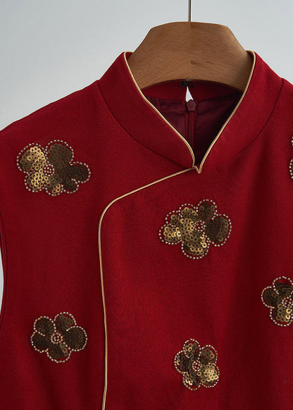 Handmade Mulberry Mandarin Collar Sequins Flower Cotton Vests Fall