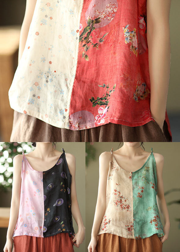 Yellow Green Print Linen Spaghetti Strap Top Summer