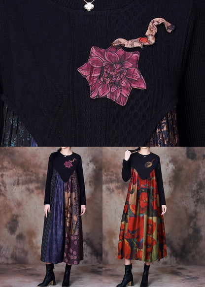 Blue Print Knit Patchwork Long Dress Winter