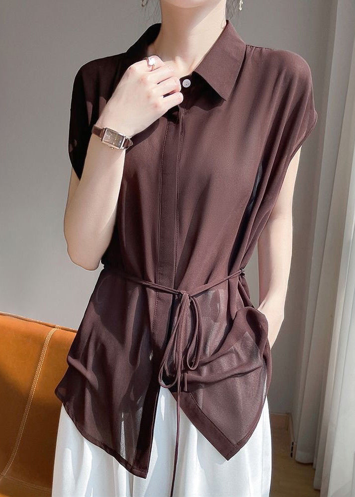 Coffee Lace Up Chiffon Blouses Peter Pan Collar