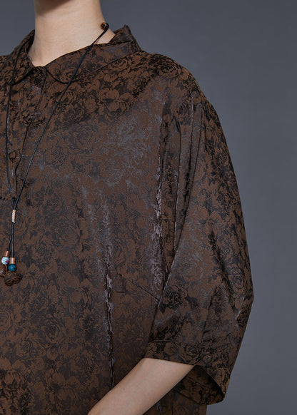 Chocolate Jacquard Silk Maxi Dresses Bracelet Sleeve