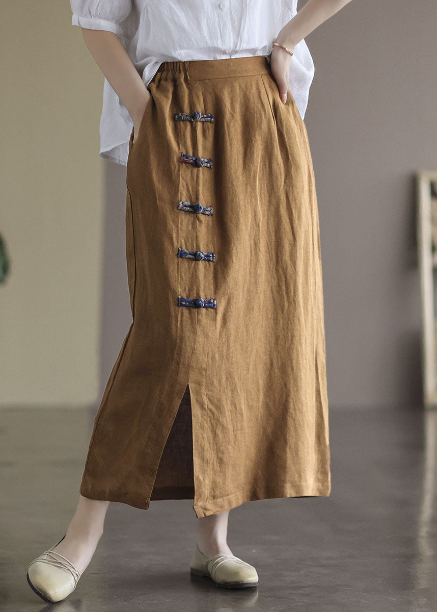 Brown Elastic Waist Side Open Linen Skirt Summer