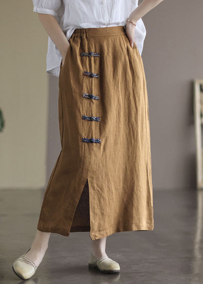 Brown Elastic Waist Side Open Linen Skirt Summer