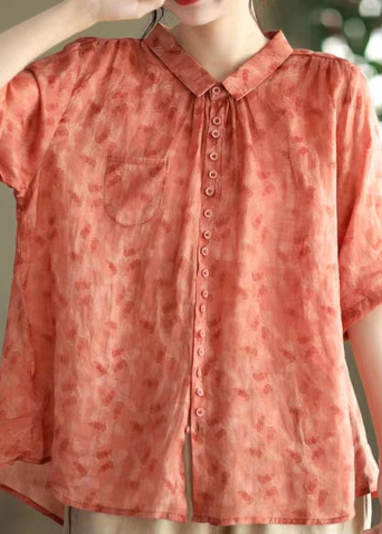 Diy Red Peter Pan Collar Print Patchwork Linen Blouses Summer