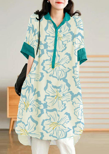 Jade Blue Flower Linen Linen Shirt Dress