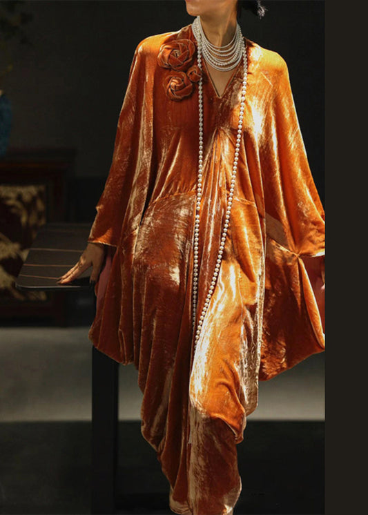 New Orange V Neck Silk Velvet Dress Spring