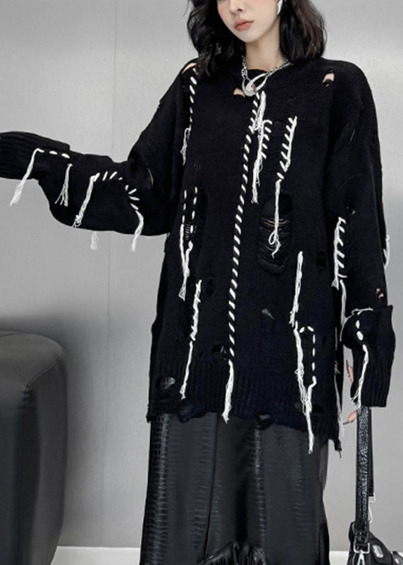Black O-neck Hole Cozy Cotton Knit Sweater Tops Fall