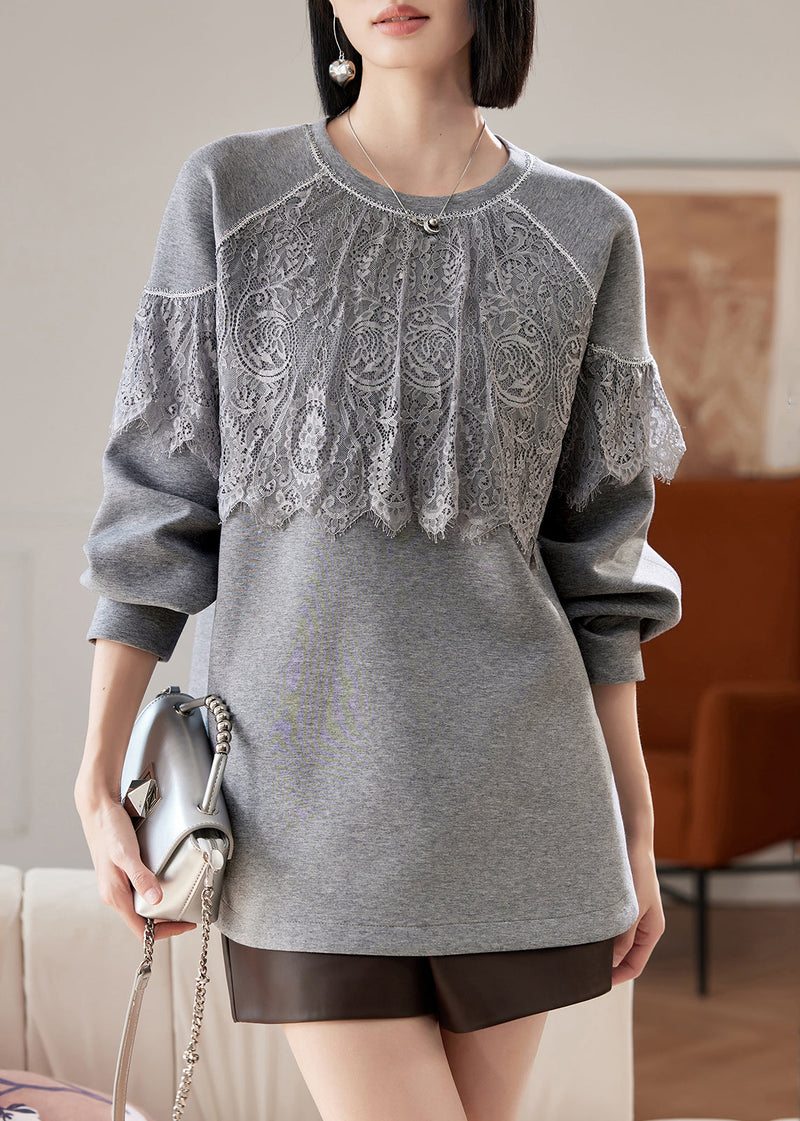 Grey O Neck Lace Patchwork Cotton Sweatshirts Spring