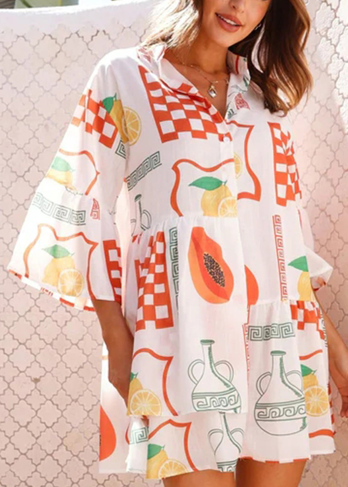 New Apricot Asymmetrical Print Patchwork Short Cotton Shirts Dress Summer