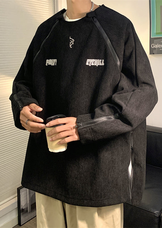 New Brown Embroideried Zip Up Corduroy Sweatshirts Fall
