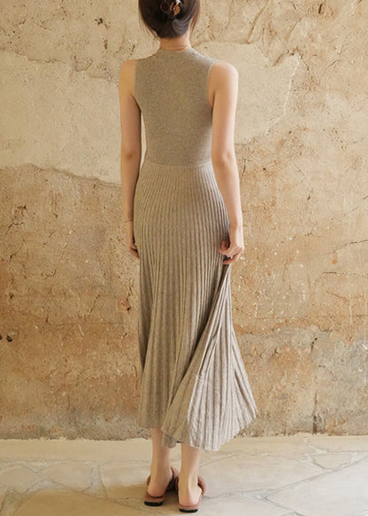 Light Grey High Waist Knit Long Dresses Wrinkled Summer