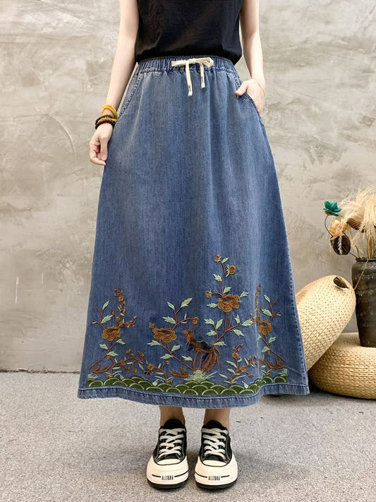 Summer Artsy Flower Embroidert Denim Skirt