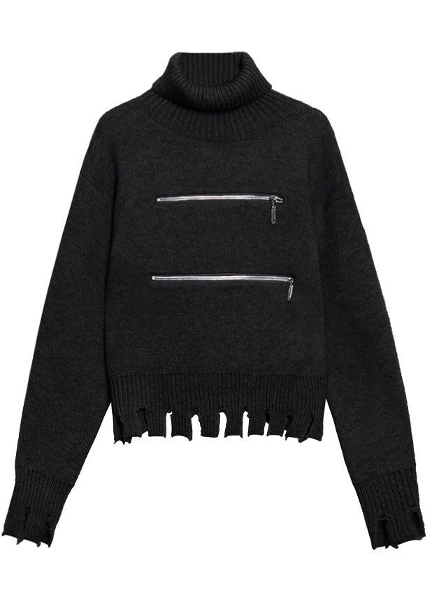 Black Zippered Tasseled Fall Sweater