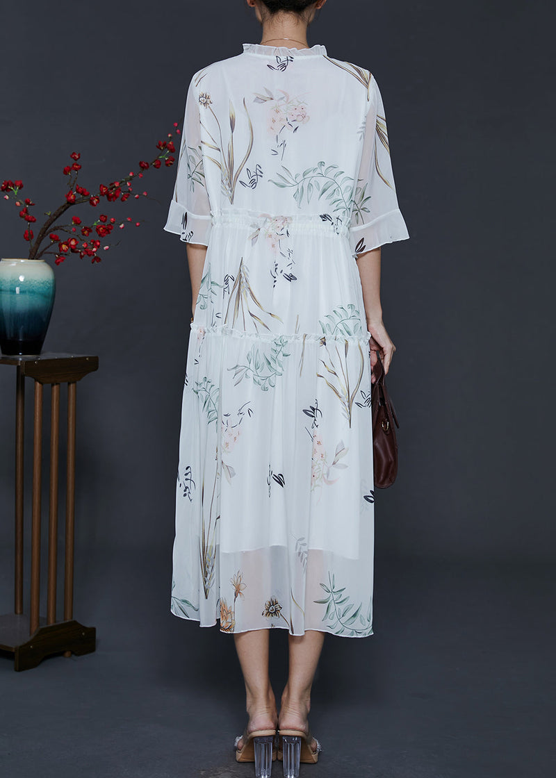 White Ruffled Print Chiffon Cinched Dresses Summer