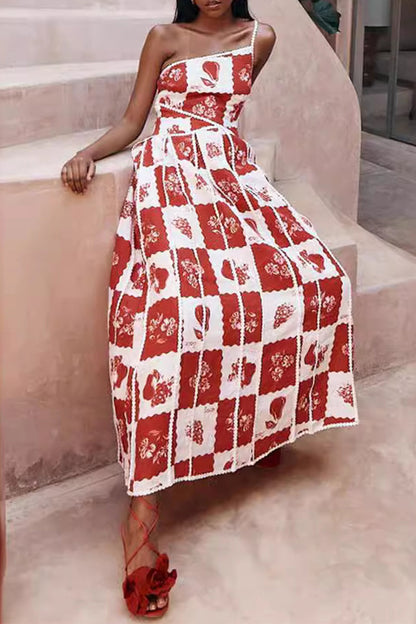 Fruit Print Lace Patchwork Oblique Collar Irregular Dresses