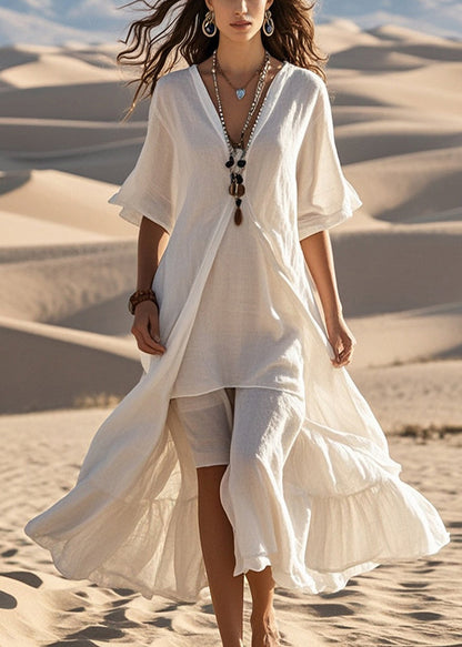 White Asymmetrical Exra Large Hem Cotton Dress Summer
