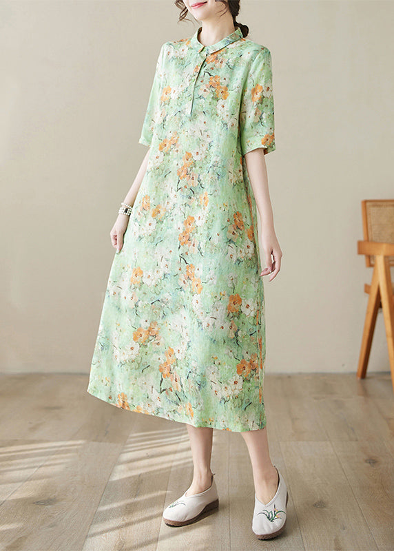 Green Peter Pan Collar Print Cotton Long Dresses Summer
