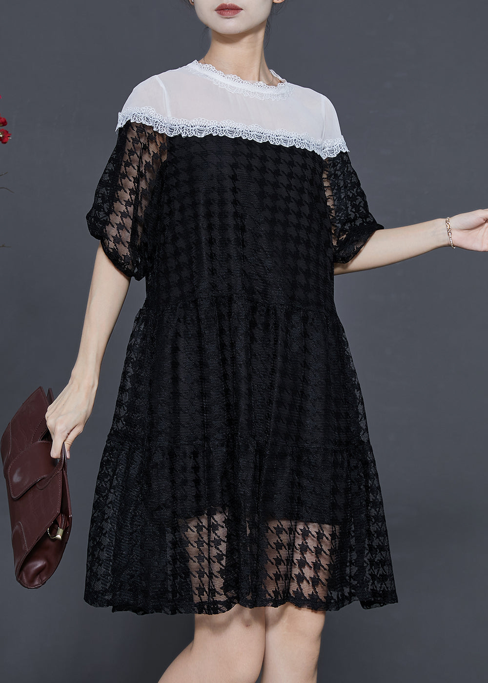 Black Puff Sleeve Patchwork Chiffontulle Maxi Dress Summer