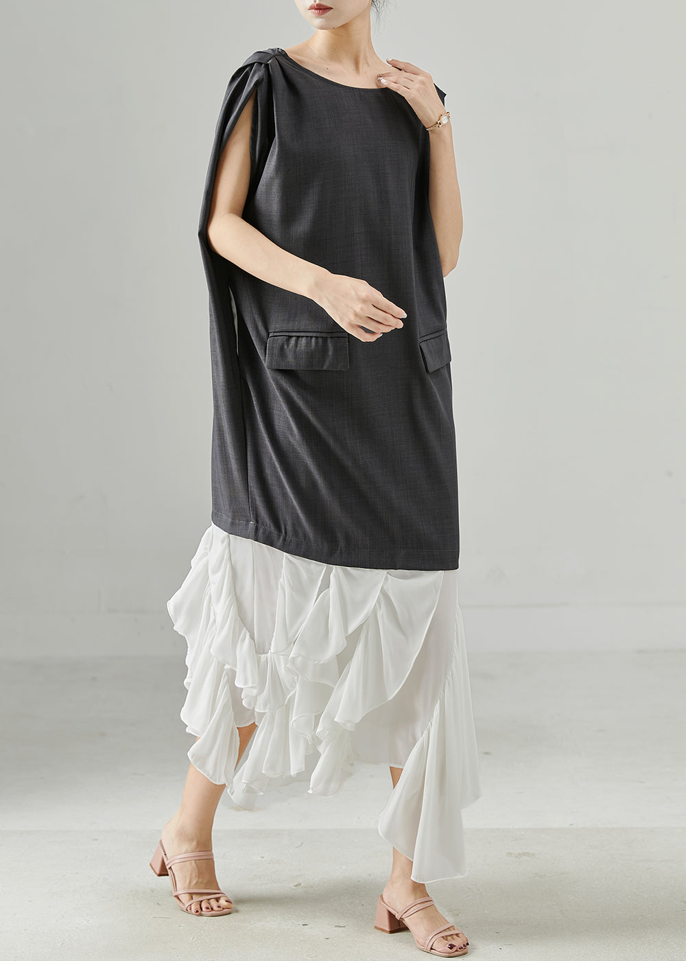 Grey Patchwork Spandex Fake Two Piece Dress Sleeveless