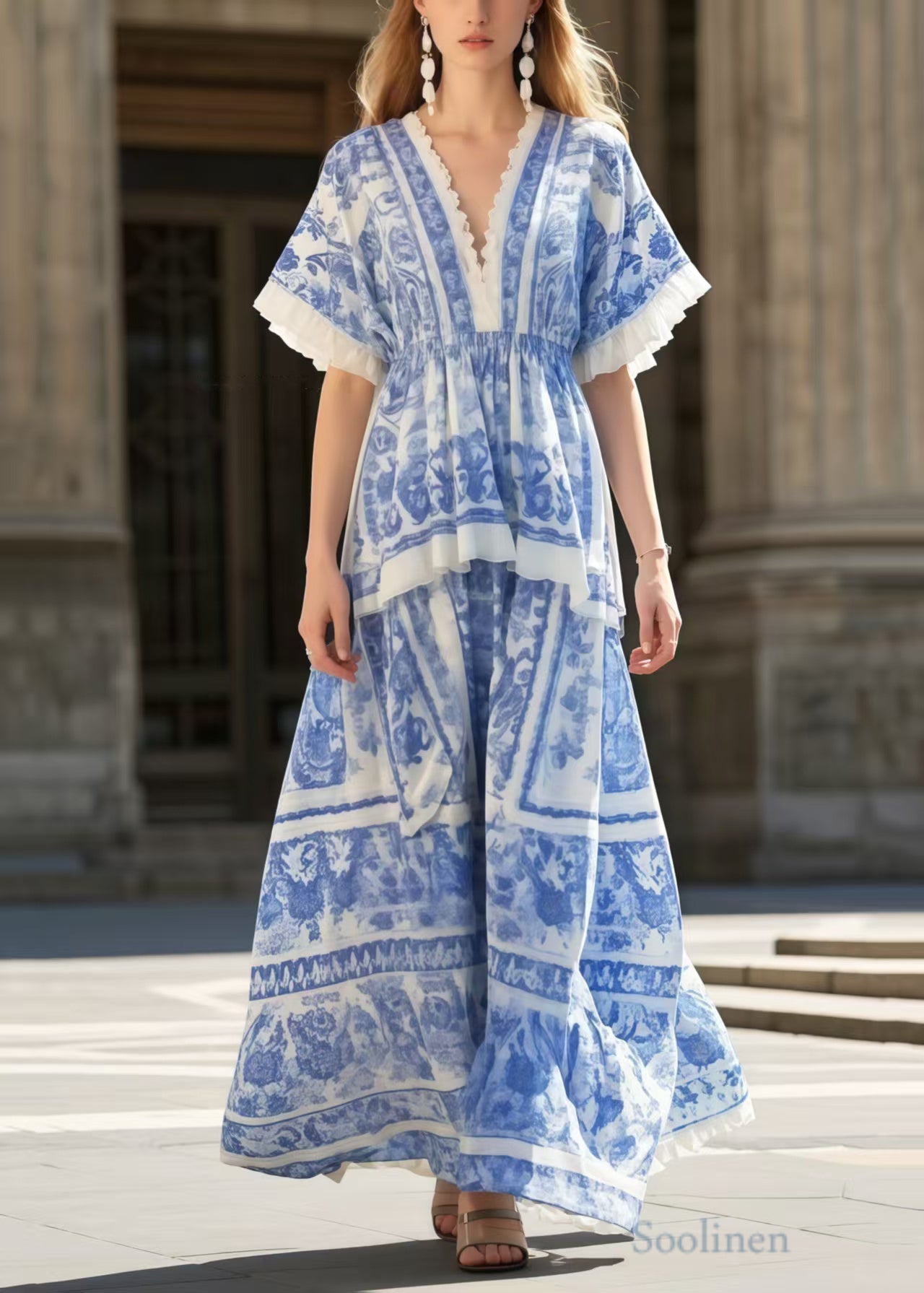 Blue Print Exra Large Hem Cotton Holiday Dress Summer