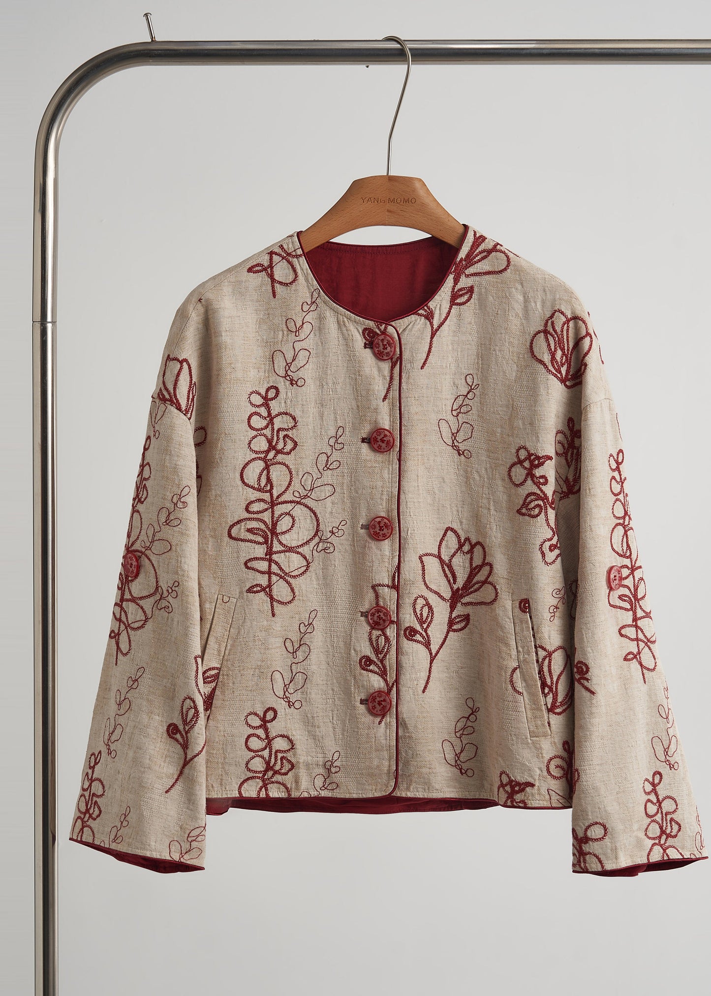 Beige Embroidered Pockets Linen Coats Fall