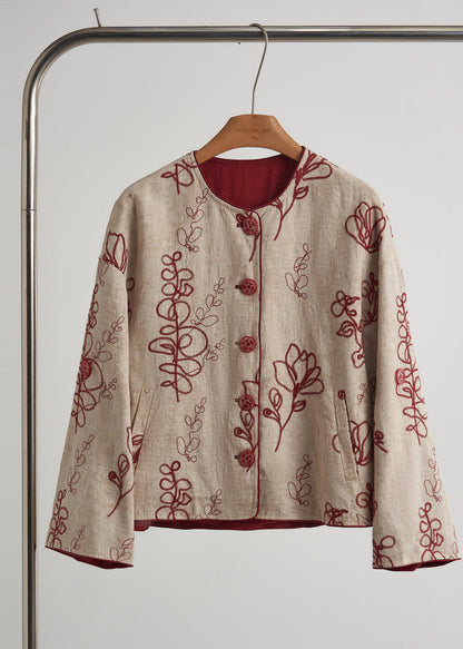 Beige Embroidered Pockets Linen Coats Fall