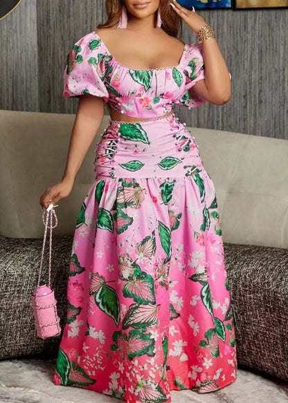 New Pink Gradient Color Print Tops and Skirts Cotton Two Pieces Set Summer