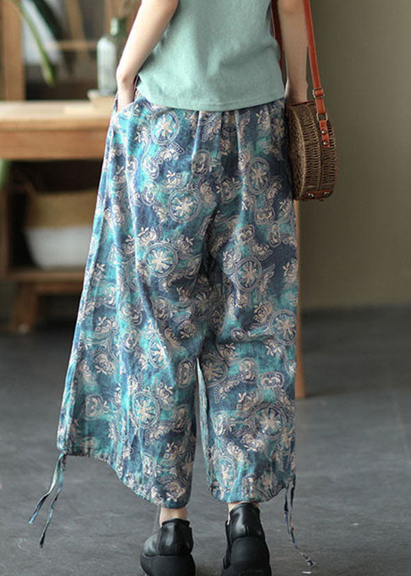 Blue Elastic Waist Pockets Linen Beam Pants Summer