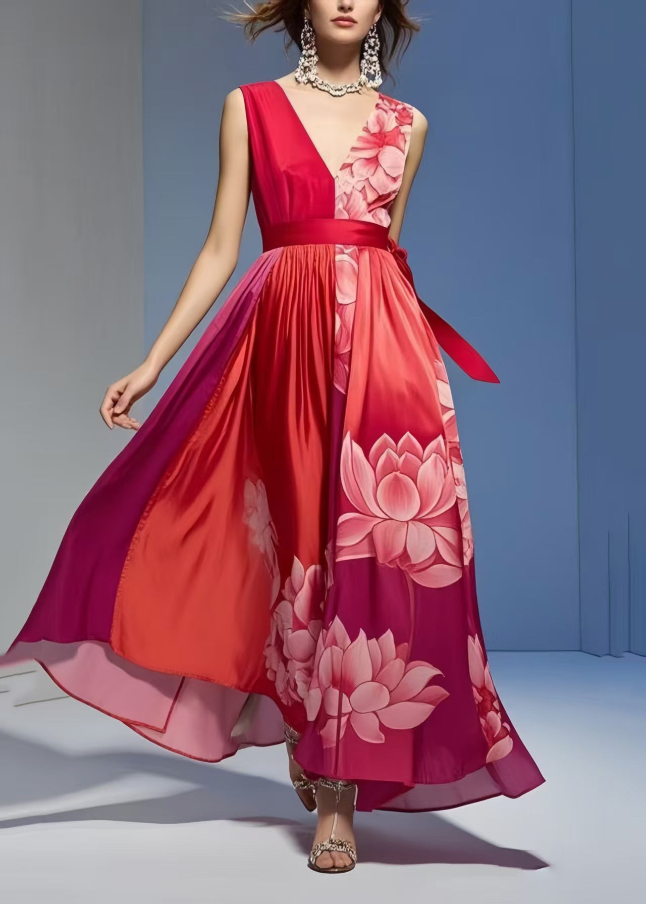 Red Print Exra Large Hem Silk Vacation Dresses Sleeveless