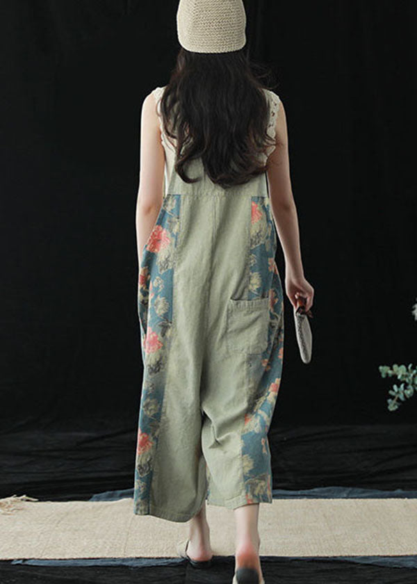 Blue Pockets Patchwork Print Cotton Denim Wide Leg Pants Jumpsuit