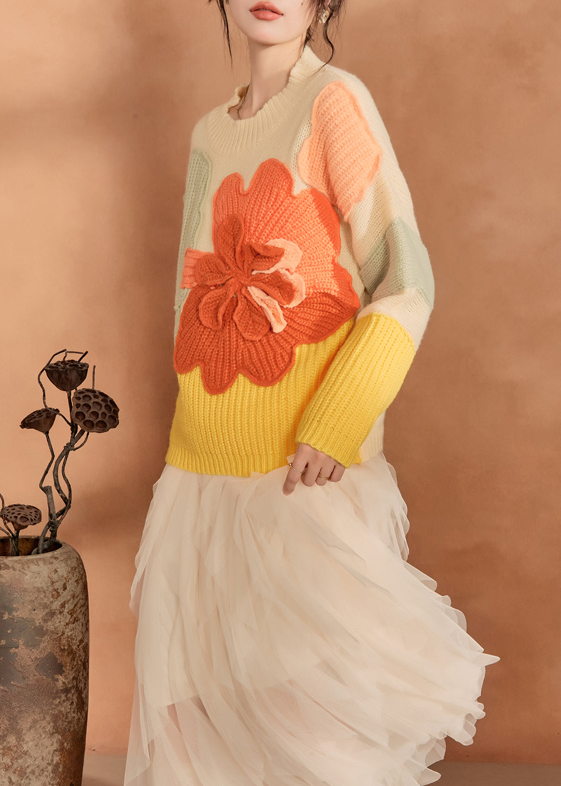 French Multicolor O-neck Knit Sweaters Winter