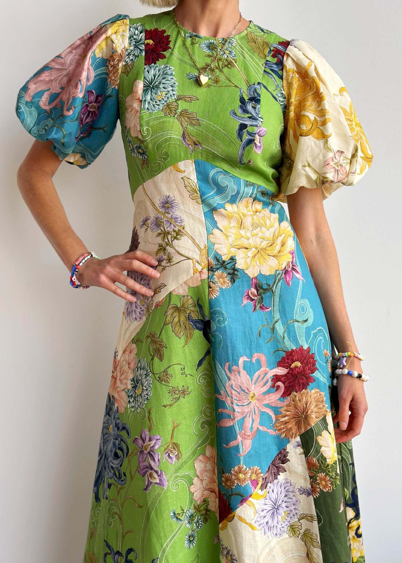 O Neck Print Cotton Long Dress Lantern Sleeve